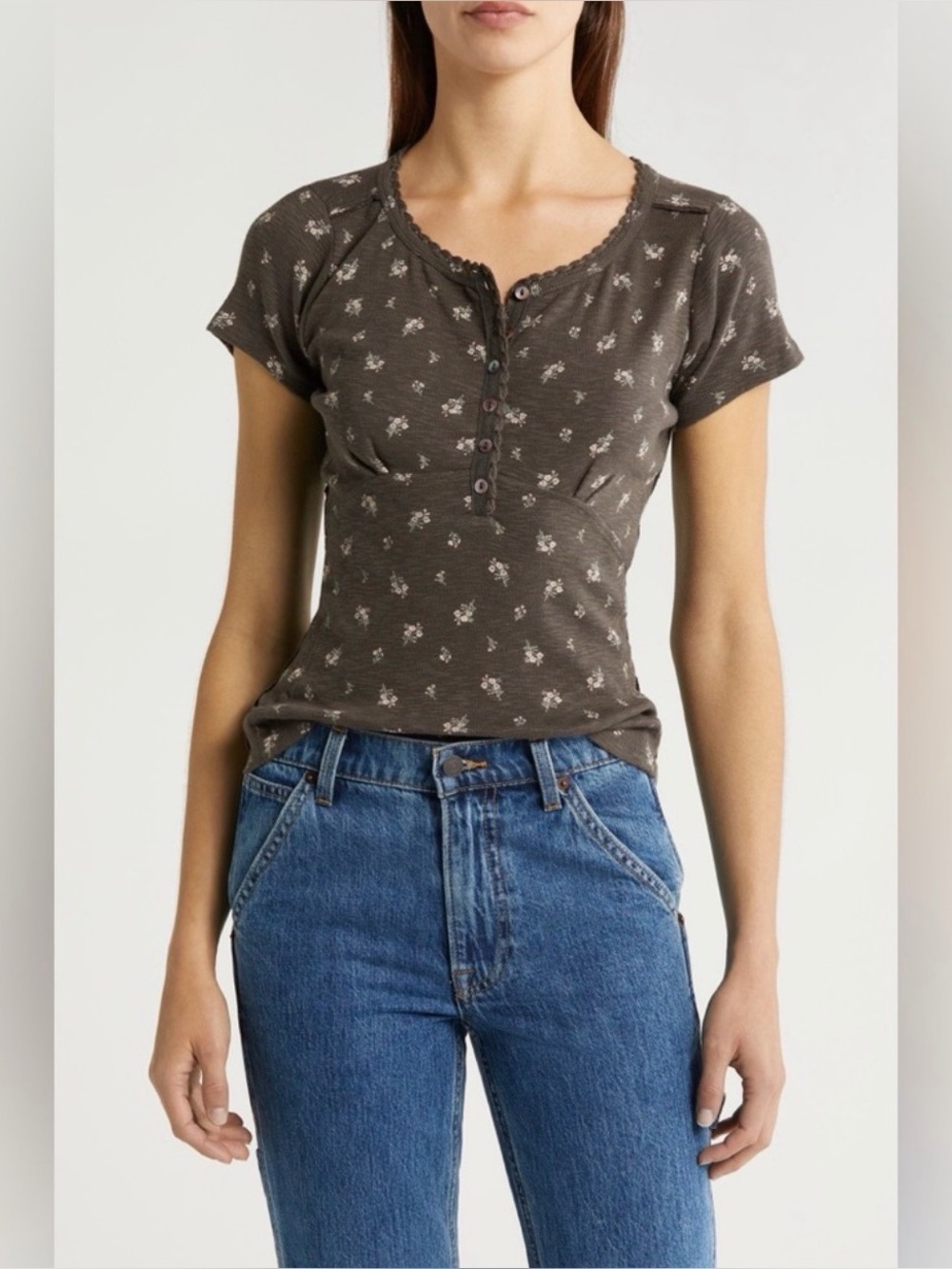 Lucky Brand Crochet Trim Henley T-Shirt
